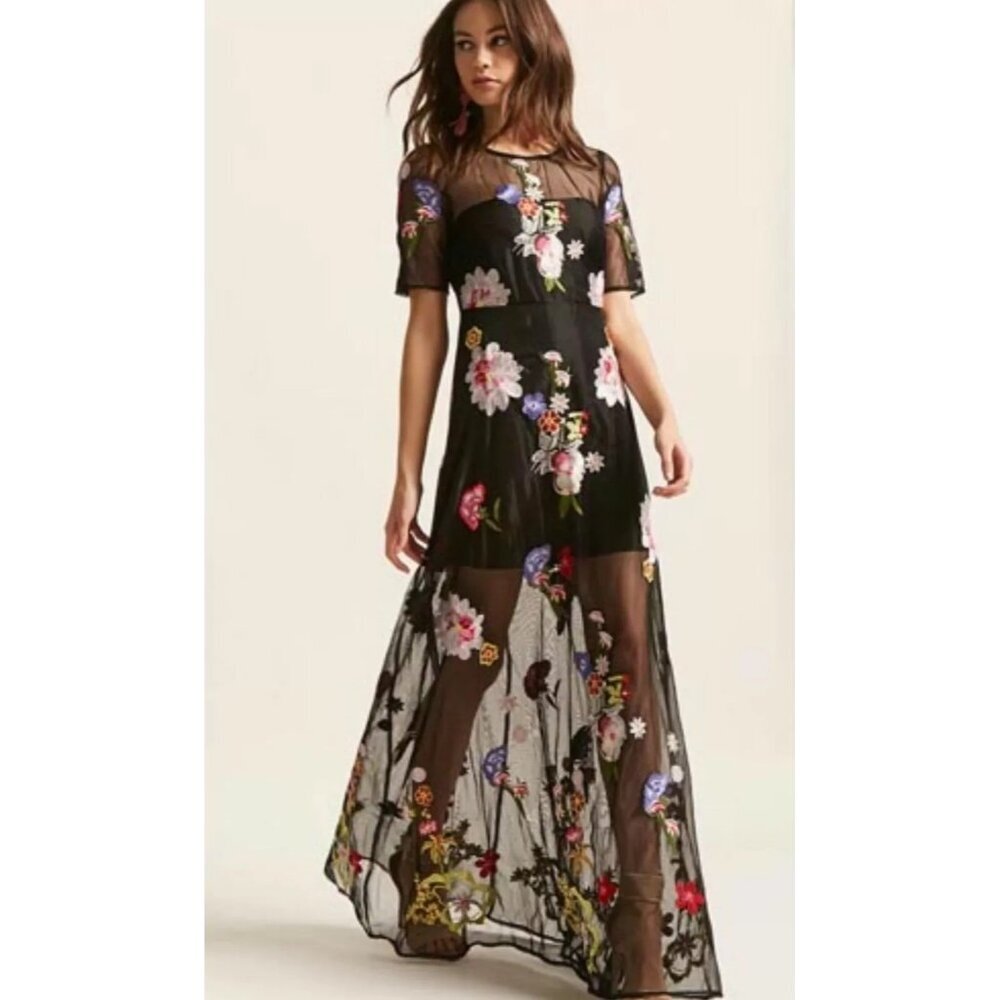 NWT L'ATISTE Floral Embroidered Maxi Dress Black Size S Boho LBD